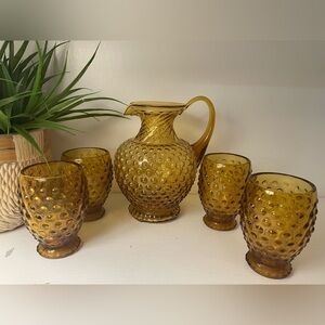 Tiara Indiana Glass 5pc Amber Gold Hobnail Beverage Set